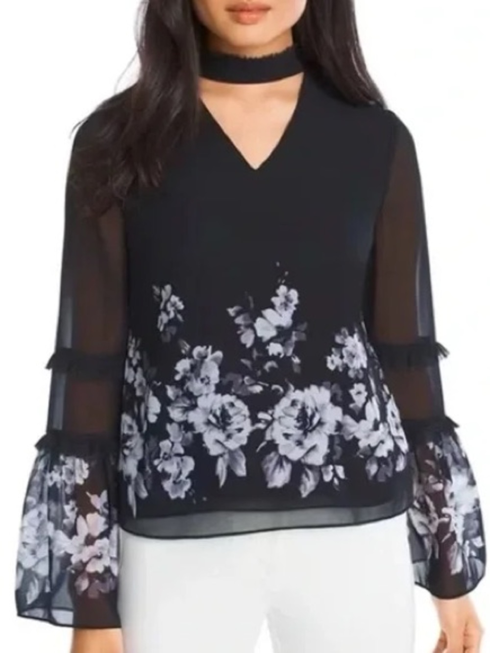 White House Black Market Cutout V Neck Bell Sleeve Blouse Black Floral 14